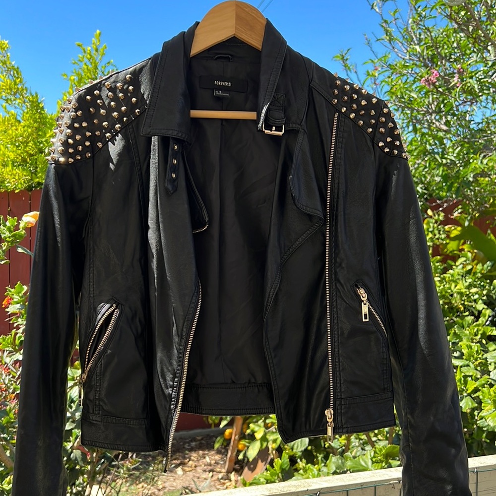 Faux Leather Jacket with Gold Studs